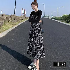 【Jilli~ko】赫本風拼接碎花長袖連衣裙 M─XL 6431─1 L 黑色