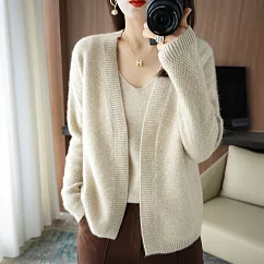 【MsMore】 羊絨感短款針織毛衣外套純色長袖➕V領吊帶兩件式上衣套裝# 119918 FREE 米白色