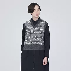 【MUJI 無印良品】女美麗諾羊毛緹花織紋V領背心 M 墨灰紋樣