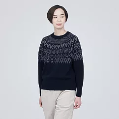 【MUJI 無印良品】女美麗諾羊毛緹花織紋圓領針織衫 M 深藍紋樣