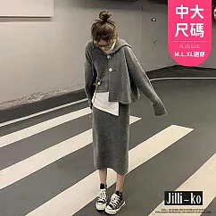 【Jilli~ko】套裝女寬鬆衛衣連帽開衫外套高腰半身裙兩件套 J11308 FREE 灰色