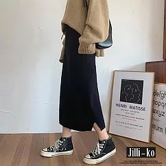 【Jilli~ko】高腰繫帶半身直筒開衩針織A字裙 J11317 FREE 黑色