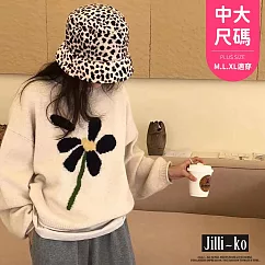 【Jilli~ko】花朵圓領針織衫女慵懶風套頭毛衣中大尺碼 J11380 FREE 白色