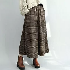 【AnZa】日系格子毛呢厚款保暖八分寬褲闊腿褲休閒褲長褲(2色) L 棕色