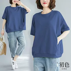 【初色】簡約純色圓領中大碼蝙蝠袖帶口袋短袖T恤上衣─共6色─69066(M~4XL可選) M 藍色
