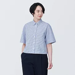 【MUJI 無印良品】女有機棉涼感平織布標準領短袖襯衫 M 藍格紋