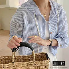 【Jilli~ko】單排扣條紋撞色短款寬鬆防曬連帽襯衫 J11839 FREE 藍色