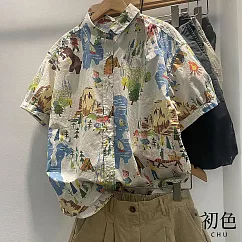 【初色】清涼感棉麻風娃娃領童趣塗鴉印花輕薄短袖襯衫上衣女上衣─共2色─34695(M─2XL可選) 2XL 白色