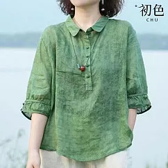 【初色】文藝風顯瘦修飾身材七分長袖緹花薄襯衫女上衣-共5色-35454(M-3XL可選) L 綠色