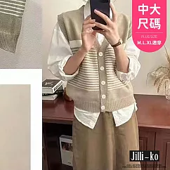 【Jilli~ko】條紋拼色針織馬甲V領寬鬆無袖洋氣時髦坎肩背心 J11921 FREE 卡其色