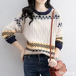 【MsMore】 圓領長袖針織衫寬鬆羊毛感緹花毛衣長袖短版上衣# 123091 FREE 黃色