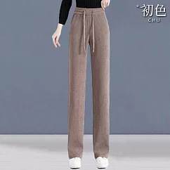 【初色】休閒純色百搭垂感高腰顯瘦燈芯絨坑條闊腿褲寬褲長褲-共4色-39483(M/L可選) M 卡其色