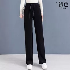 【初色】休閒純色百搭垂感高腰顯瘦燈芯絨坑條闊腿褲寬褲長褲-共4色-39483(M/L可選) M 黑色
