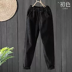 【初色】文藝復古鬆緊腰加絨加厚燈芯絨哈倫褲休閒褲寬褲長褲-共4色-39467(M-4XL可選) M 黑色