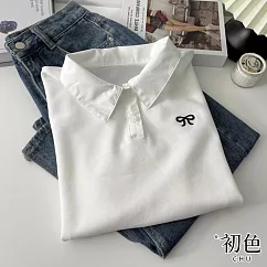 【初色】美式寬鬆翻領短袖蝴蝶結刺繡半門襟POLO衫T恤上衣女上衣─共3色─10816(F可選) F 白色