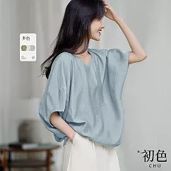 【初色】純色休閒肌理感寬鬆顯瘦圓領蝙蝠袖短袖T恤上衣女上衣─共2色─11536(M─2XL可選) M 灰藍色