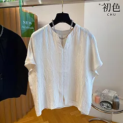 【初色】簡約復古褶皺感純色寬鬆V領短袖襯衫上衣女上衣─共3色─11850(L─2XL可選) 2XL 杏色