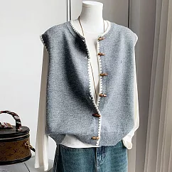 【MsMore】 撞色牛角扣寬鬆針織衫百搭背心毛衣上衣# 126211 FREE 灰色