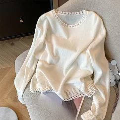 【MsMore】 米白色鏤空圓領長袖軟糯針織上衣# 126402 FREE 白色