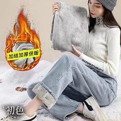 【初色】純色簡約高腰直筒闊腿加絨加厚保暖寬鬆拖地褲休閒褲寬褲長褲牛仔褲-共2色-39319(M-2XL可選) M 淺藍色
