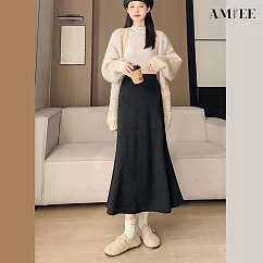【AMIEE】純色毛呢半身魚尾A字高腰女長裙(KDSQ-122) M 黑色