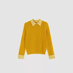 【MsMore】 簡約韓系假兩件翻領針織衫毛衣# 126792 FREE 黃色