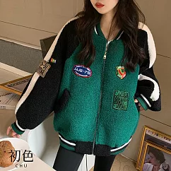 【初色】美式街頭撞色羊羔絨寬鬆加厚口袋棒球飛行員長袖外套女外套-共2色-39930(M-3XL可選) M 綠色