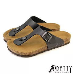 【Pretty】女 拖鞋 T字 夾腳 皮帶釦 平底 台灣製 EU36 黑色