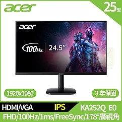 Acer KA252Q E0 25型100hz護眼抗閃螢幕(FHD，100Hz，HDMI，VGA，IPS)
