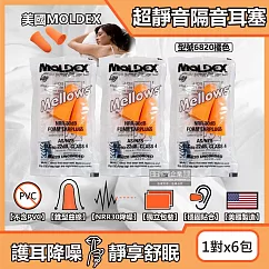 (6包超值組)美國MOLDEX─Mellows錐型泡棉超靜音耳塞─型號6820橘色1對/包(NRR30dB降噪規格，露營好睡助眠器，親膚舒適保護聽力)