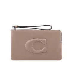 COACH C Logo 銀釦縫線標誌平滑皮革大款手拿包 (奶茶色)