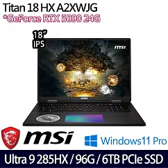 【MSI】微星 Titan 18 HX A2XWJG-407TW 18吋/Ultra 9 285HX/96G/6TB SSD/RTX5090/W11P/AI電競筆電