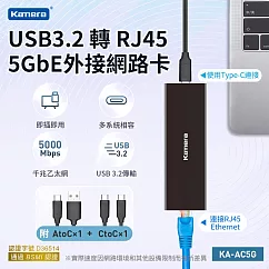 Kamera Type─C 公 和 USBA 鋁合金外接網路卡 KA─AC5G USB3.2 轉 RJ45 5GbE 500MB/s傳輸 5000M光纖網卡 遊戲網卡 商