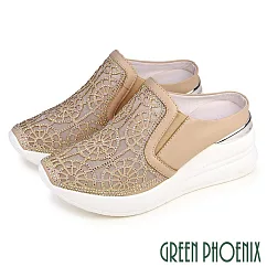 【GREEN PHOENIX】女 穆勒鞋 懶人拖鞋 休閒拖鞋 楔型 厚底 輕量 水鑽 透膚 鏤空 雕花 紗網 EU38 粉紅色
