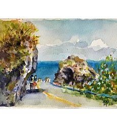 【玲廊滿藝】鄭素雲-小琉球紅番石美麗的海景，16K水彩速寫 19x27cm