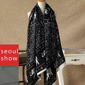 Seoul Show 民族風幾何大象 印花巴黎紗圍巾黑色
