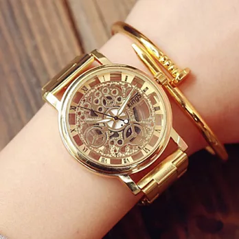 Watch-123 背後秘密-羅馬時標仿機械工藝鏤空腕錶 (2色可選)金黃