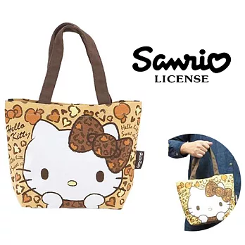 【日本正版商品】Hello Kitty 凱蒂貓 豹紋帆布手提袋/便當袋-淺棕色
