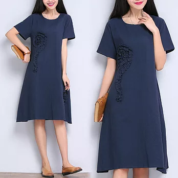 【NUMI】森-立體捲曲葉短袖連衣裙-共2色(M-2XL可選)XL深藍色