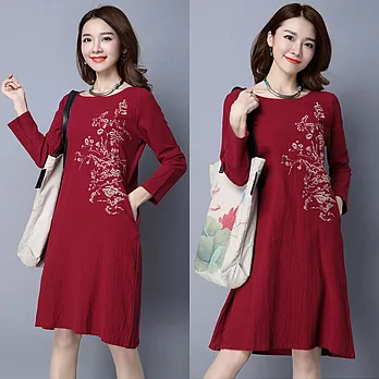 【NUMI】森-棉麻顯瘦刺繡復古連衣裙-共3色50424(M-2XL可選)M酒紅色