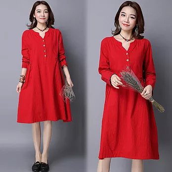 【NUMI】森-V領寬鬆顯瘦棉麻長袖連衣裙-共2色50425(M-2XL可選)M紅色