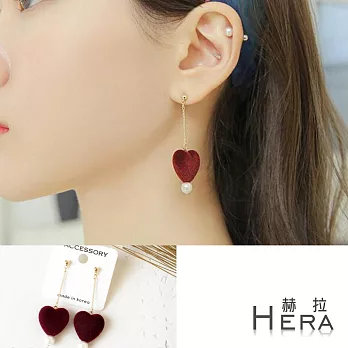 【Hera】赫拉 絲絨愛心珍珠垂墜耳針/耳環-3色(紅色)