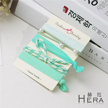 【Hera】赫拉 混搭珍珠蝴蝶結大彈力多用手圈/髮圈/髮束-五件組(薄荷綠)