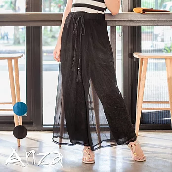 【AnZa】鬆緊綁帶人造絲紗寬鬆長褲FREE黑色