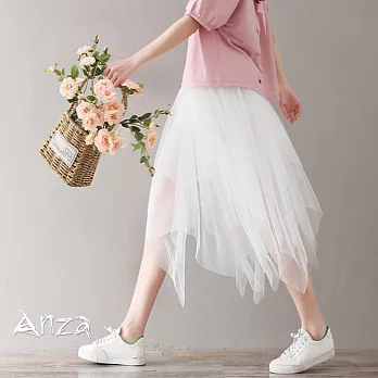 【AnZa】不規則網紗澎澎七分長裙(3色) FREE白色