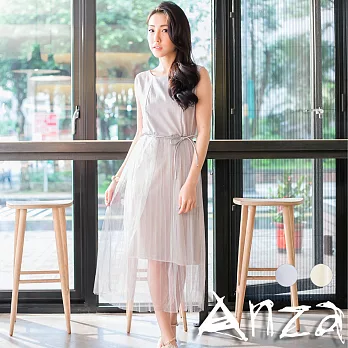 【AnZa】網紗拼接連身背心式長洋裝(2色)FREE銀灰色