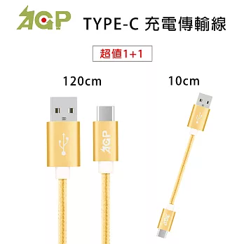AGP TYPE-C 鋁合金充電傳輸編織線 1.2m+10cm (超值兩入)金色