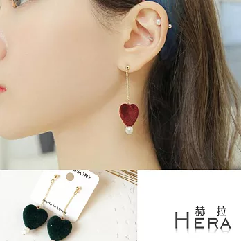 【Hera】赫拉 絲絨愛心珍珠垂墜耳針/耳環-3色(綠色)