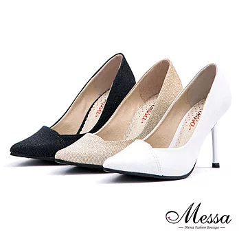 【Messa米莎專櫃女鞋】MIT 女神風範金蔥斜口內真皮尖頭高跟鞋36黑色