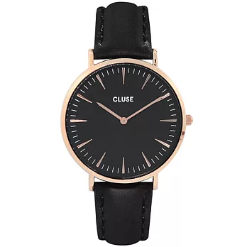 CLUSE 波西米亞玫瑰金系列 黑錶盤/黑皮革錶帶手錶38mm